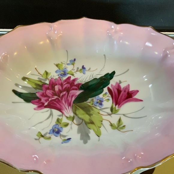 s-l400.jpg Vintage German Oval Bowl Floral Gold Tone Trim Victorian Style Beautiful